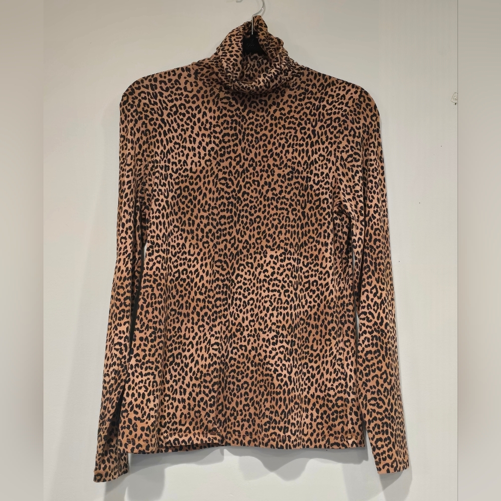 Lands' End Leopard Print Turtleneck Long Sleeve Shirt Sz M